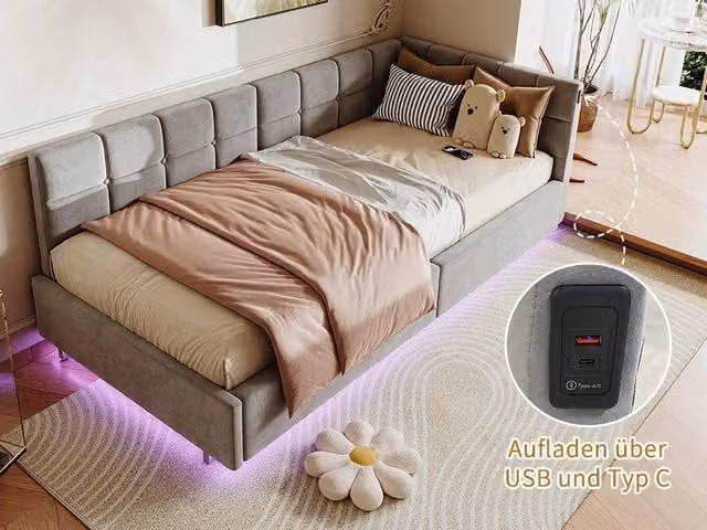 Divano letto 90x200 cm in velluto grigio,con vano contenitore,rete a doghe,striscia LED regolabile,porte USB e di tipo C ,Letto Singolo Contenitore