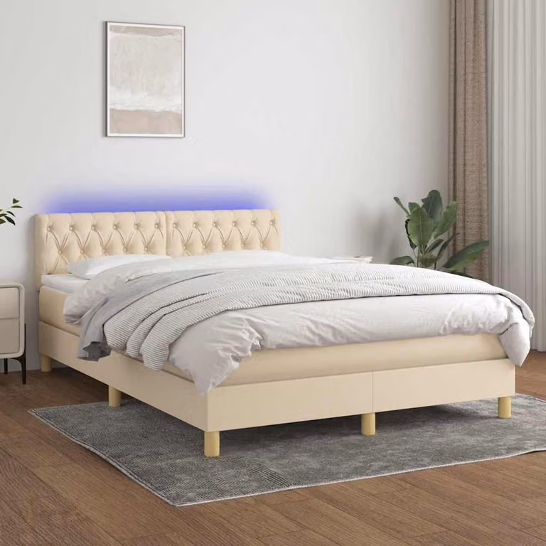 vidaXL Letto Ibrido con Materasso e Illuminazione LED in Tessuto Beige, L/P/H: 140 x 200 x 88 cm