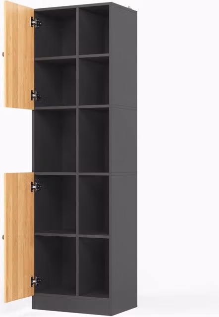 Mobiletto angolare alto con 6 ripiani aperti, 2 ante e ripiani regolabili 50×35,5×170 cm, antracite/rovere