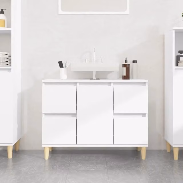 Mobile Lavabo da Bagno Moderno vidaXL Bianco con Cassetti e Ante, L 80 x P 33 x H 60 cm