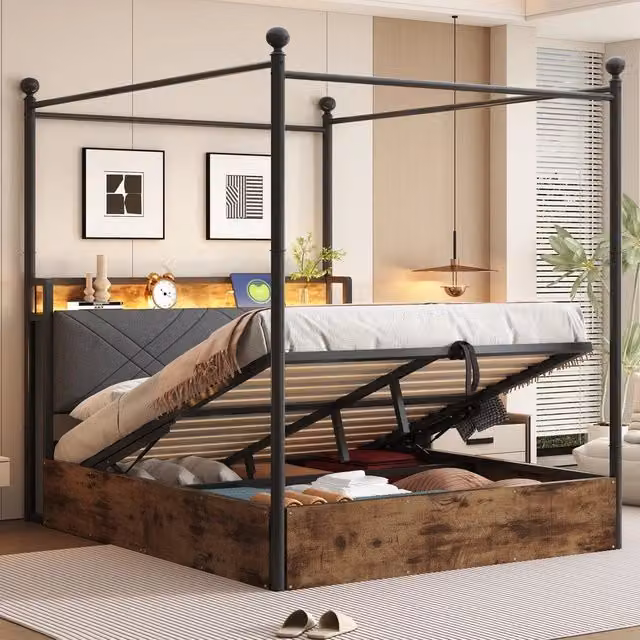 Letto Matrimoniale Minimal in Metallo Nero con Baldacchino, Contenitore Idraulico, Illuminazione LED e Porte USB, L/P: 140 x 190 cm – 1