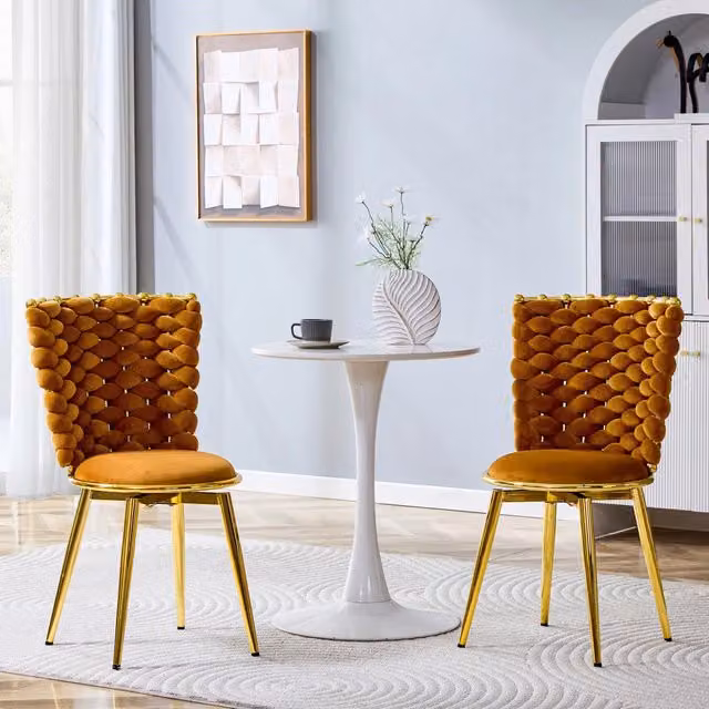 Set di 2 sedie da pranzo moderne WISHDOR in velluto arancione con gambe in metallo oro