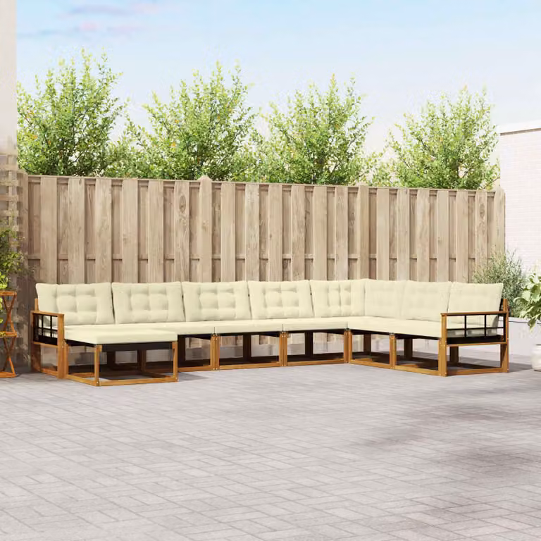 Set di divani da esterno vidaXL 8 pz in legno di acacia con cuscini beige e bianco per giardino e terrazzo