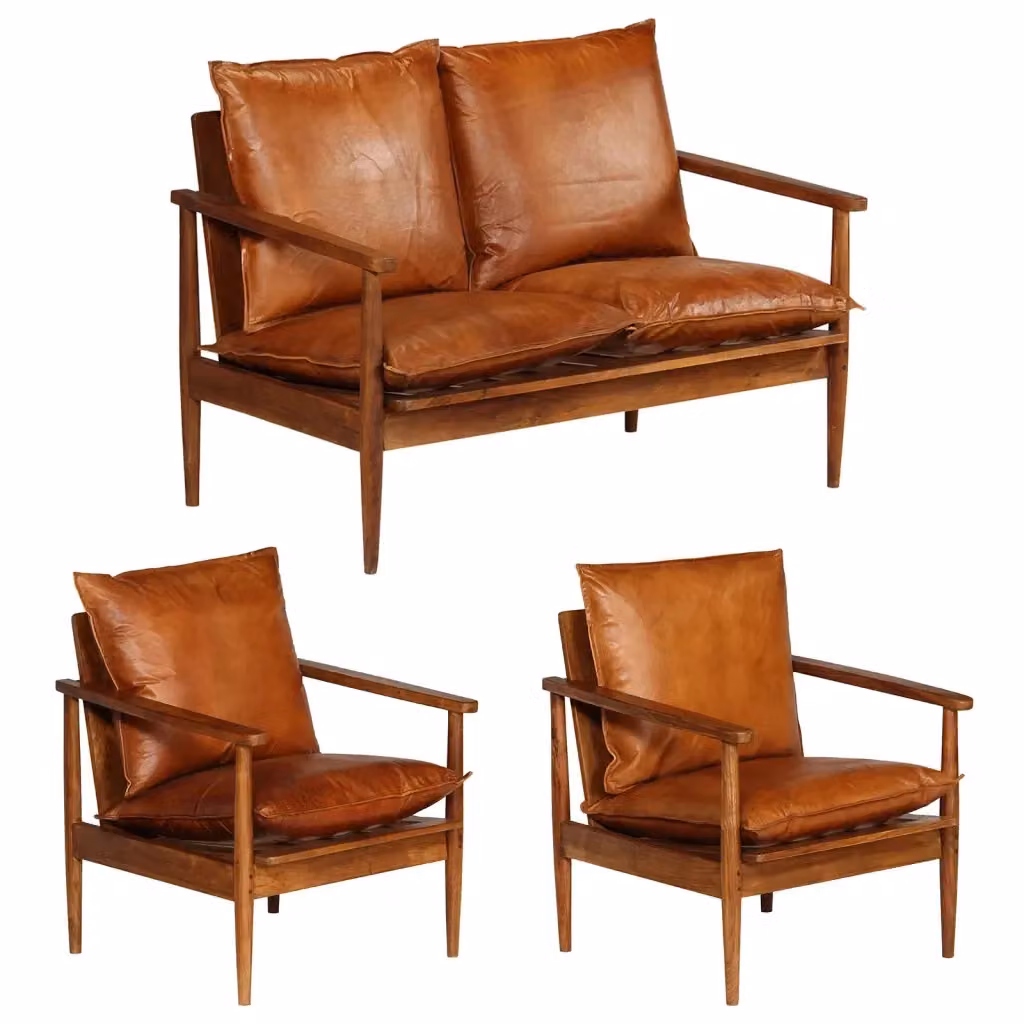 Set di divani 3 pezzi vidaXL in vera pelle e legno massello di acacia marrone in stile mid-century – 2