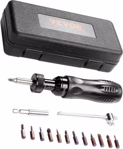 Set di Cacciavite Dinamometrico VEVOR da 1/4 pollici 6,35 mm con Gamma di Regolazione Coppia 1,1-7,9 Nm e Set di Punte, Colore Nero