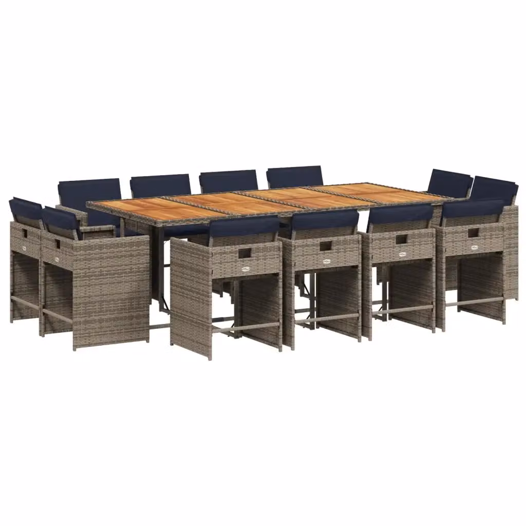 Set da pranzo da giardino vidaXL in polyrattan e legno di acacia con 13 pezzi e cuscini, tavolo rettangolare estensibile grigio – 2