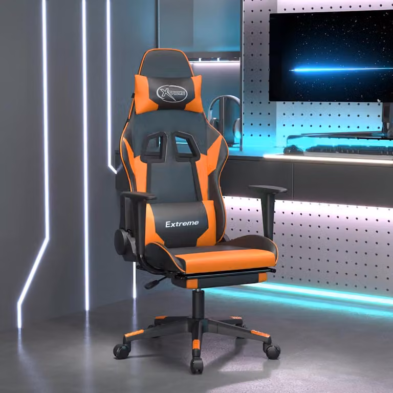 Sedia Gaming vidaXL in similpelle nera e arancione con poggiapiedi, poggiatesta e rotelle girevoli 360 gradi