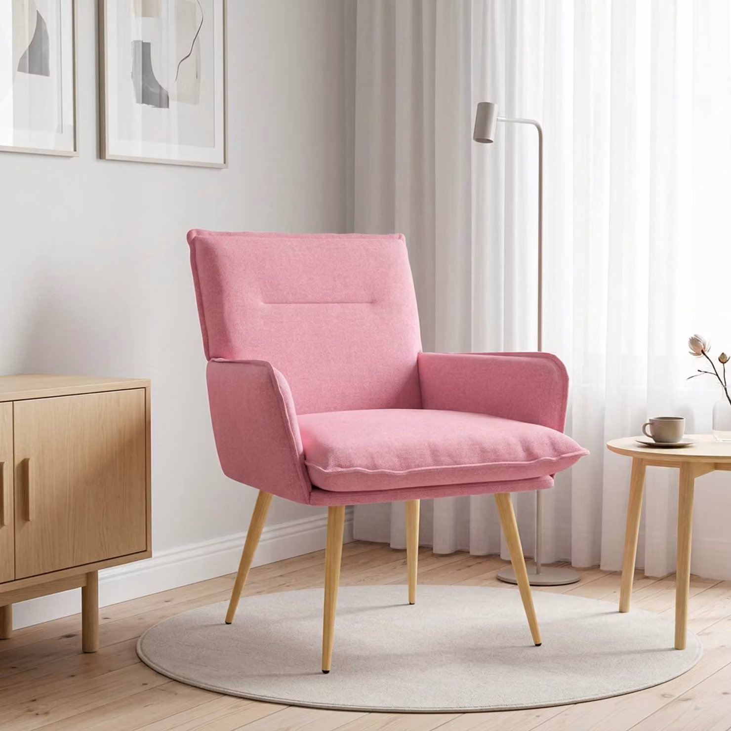 Poltrona lounge moderna vidaXL in tessuto rosa con struttura in metallo e braccioli