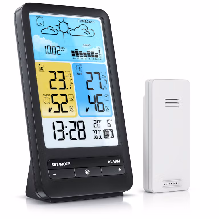 BEARWARE - Stazione meteorologica wireless con display a colori e sensore esterno - segnale DCF - DST - temperatura interna ed esterna - avviso di temperatura - allarme gelo - pressione dell'aria (relativa) - barometro - trend della temperatura