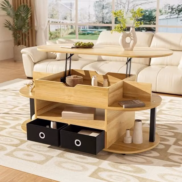 Tavolino da Salotto Moderno Minimal con Alzata e Cassetti in Legno e Metallo Nero, L/P/H: 126 x 60 x 50 cm