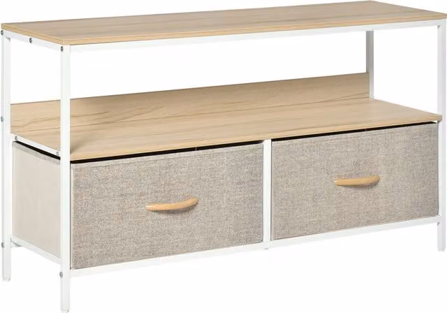 Mobile Porta TV HOMCOM in Legno e Metallo con Cassetti in Tessuto, L 98 cm x P 29 cm x H 56 cm, Colore Marrone – 1