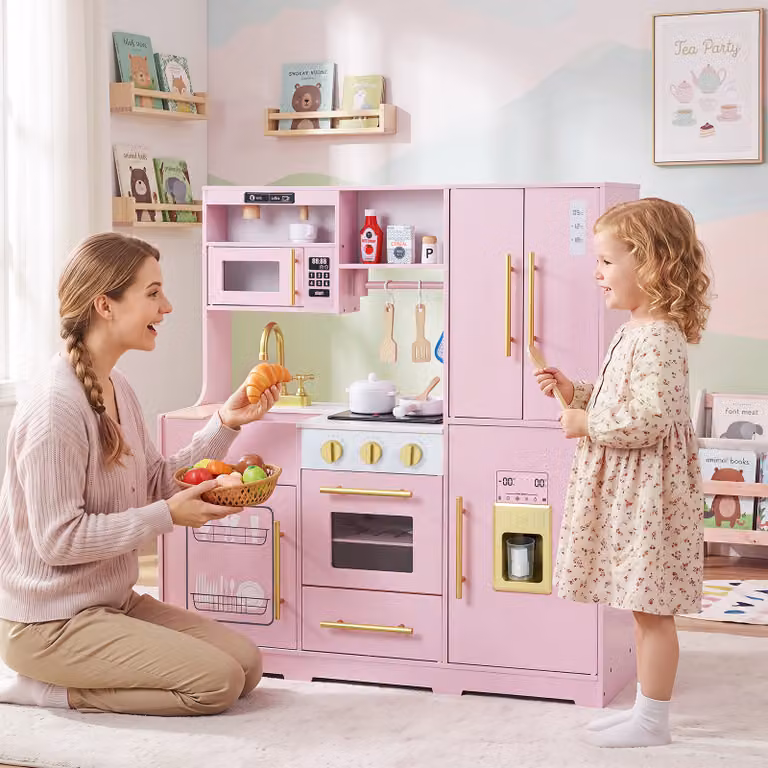 Costway Cucina giocattolo con luci e suoni per bambini 3+ anni gioco interattivo in legno, Cucinetta montessori con accessori Rosa