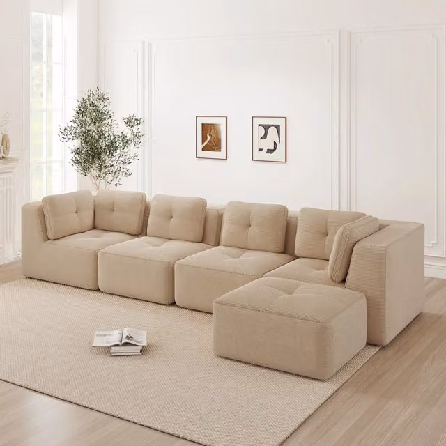 Divano Angolare 4 Posti MINIMAL in Velluto a Coste Beige con Ottomane e Cuscini Morbidi