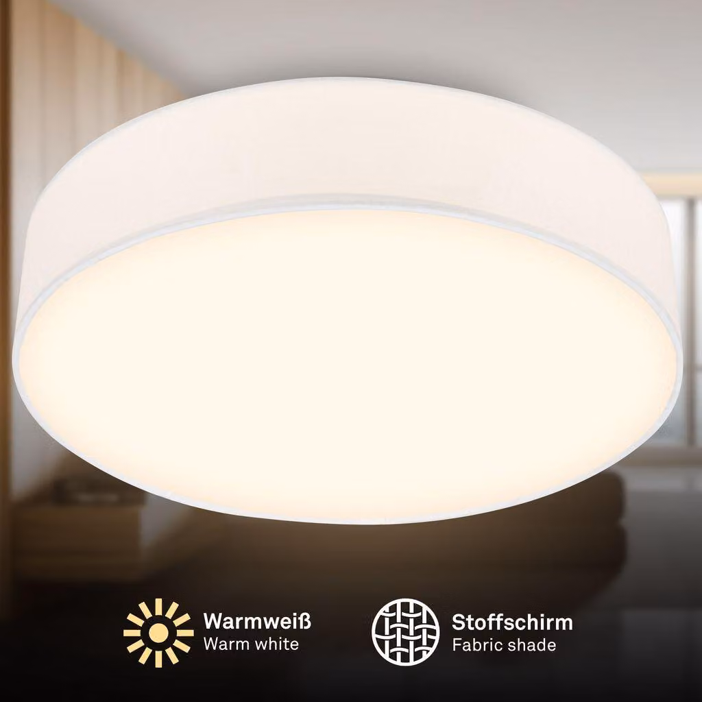 Briloner Plafoniera LED con paralume in tessuto Ø38x10,5 cm rotonda 24W 2600lm 3000K bianco caldo bianco - Lampada da soffitto soggiorno camera da letto cucina corridoio