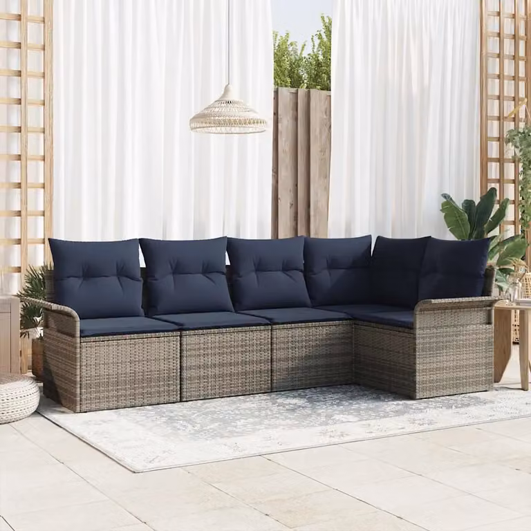 Set Divano da Giardino vidaXL 5 pz a L con Tavolino, Polyrattan e Cuscini, Grigio e Blu