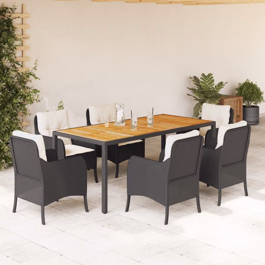 vidaXL Set da Pranzo da Giardino Moderno in Legno di Acacia e Polyrattan, 7 Pezzi, Nero e Bianco – 1