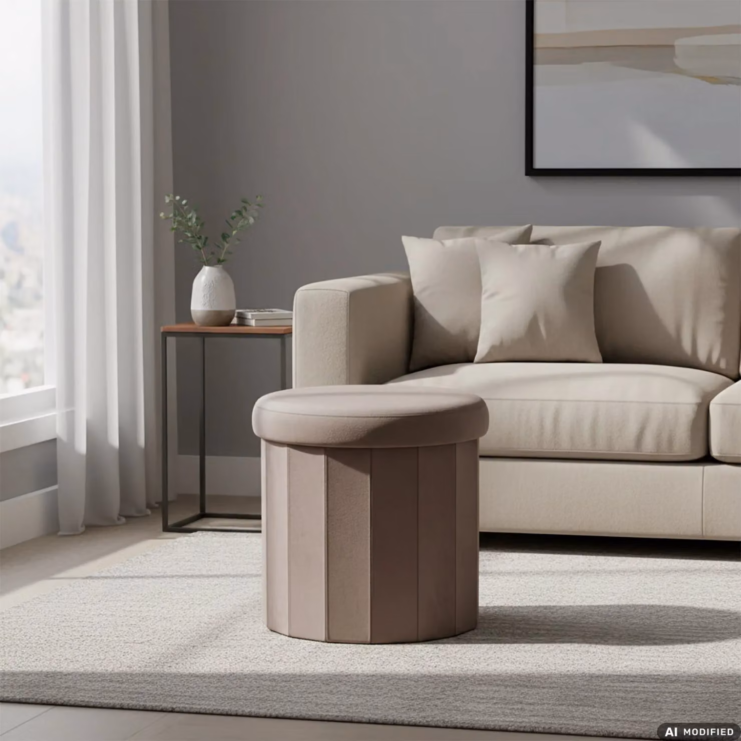 Pouf Contenitore VESTIAMO CASA in Velluto Beige, Design Moderno e Cilindrico, H 38 cm x Diametro 40 cm – 2