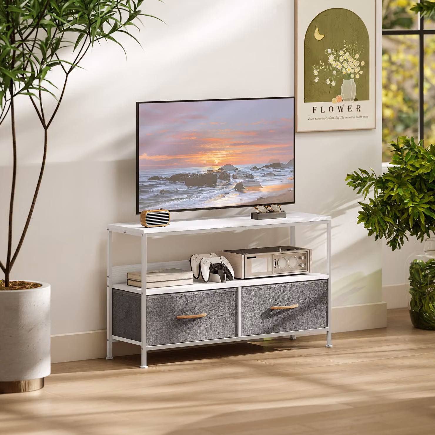 Mobile Porta TV HOMCOM Moderno con Cassetti in Tessuto e Mensola in Metallo e MDF, Bianco, L 98 x P 29 x H 56 cm – 2
