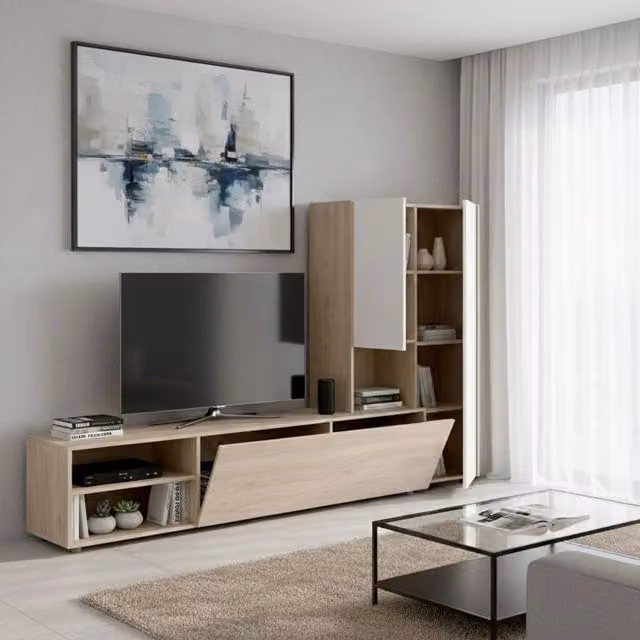 Parete attrezzata DMORA per soggiorno e sala da pranzo, mobile moderno con ante a battente e ripiani aperti, Bianco e Rovere