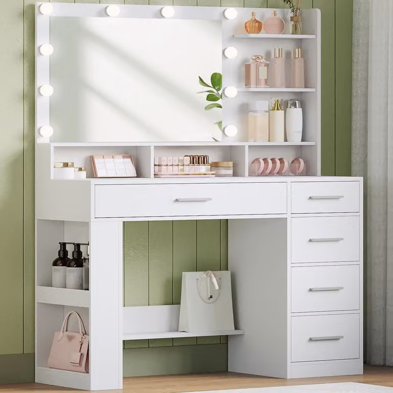 Comò da trucco da 108 cm con specchio HD e illuminazione a LED, bianco, dotato di 6 scomparti aperti, 5 cassetti e spazio di stoccaggio laterale