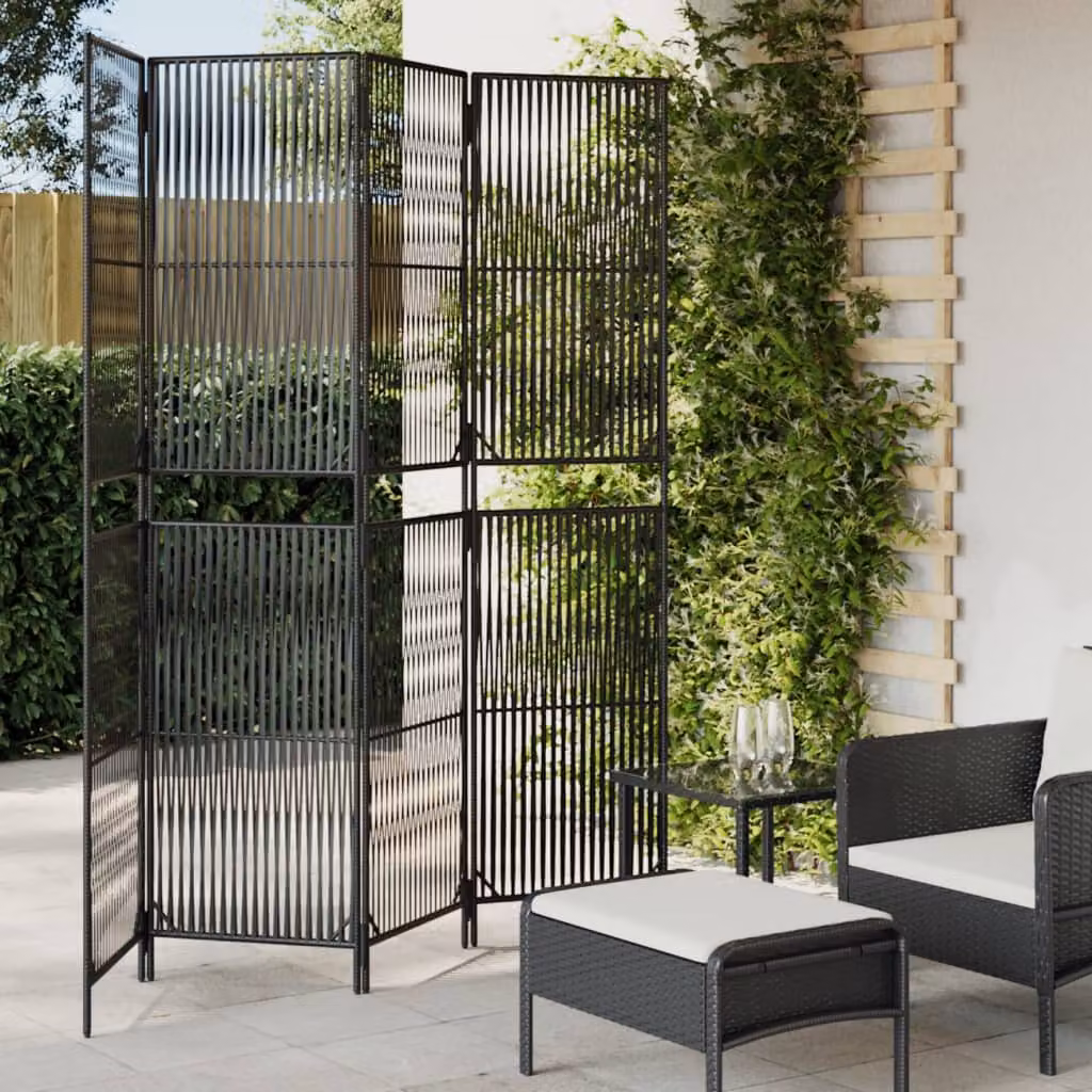 Divisorio per ambienti vidaXL a 4 pannelli in polyrattan nero con design geometrico moderno per soggiorno o ufficio H: 196 cm, L: 200 cm