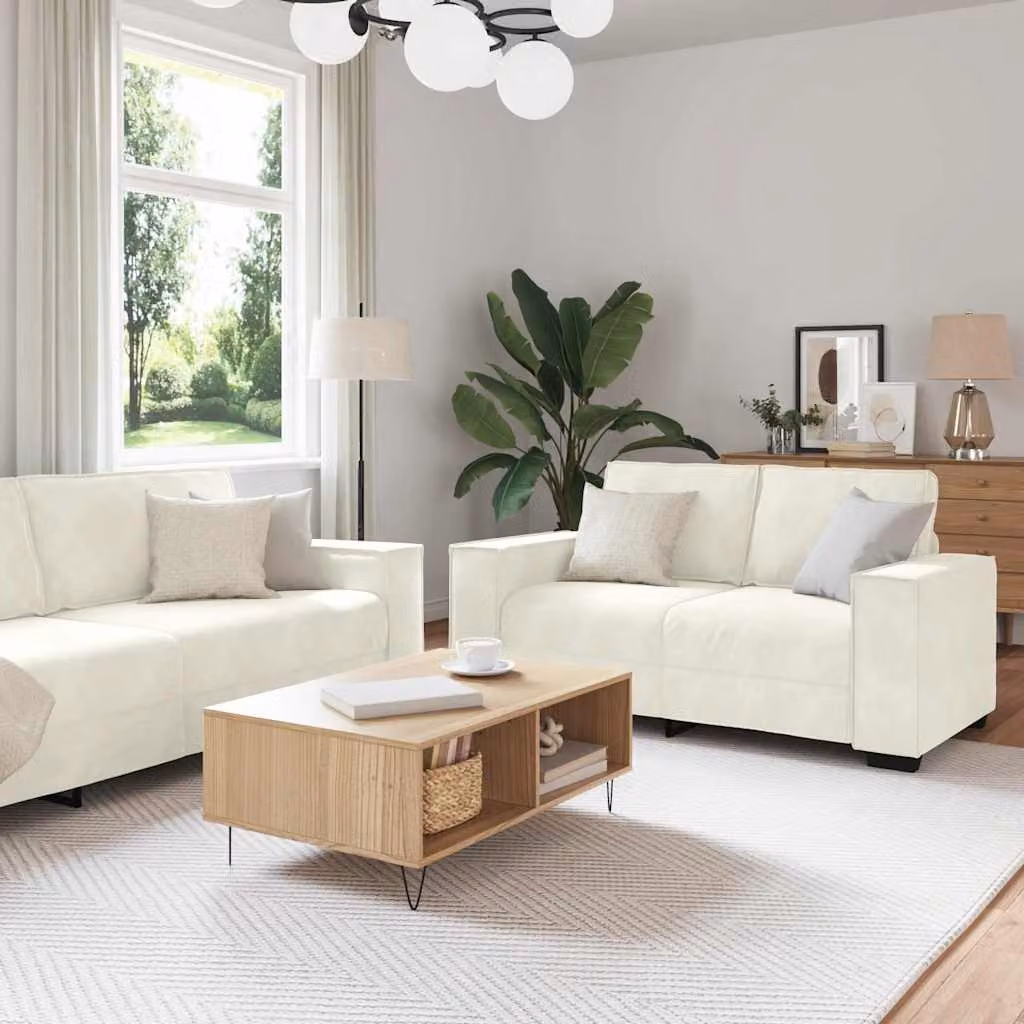 Set di divani 3 pezzi vidaXL in velluto beige con cuscini, composto da un divano a 3 posti e un divano a 2 posti con braccioli e design moderno