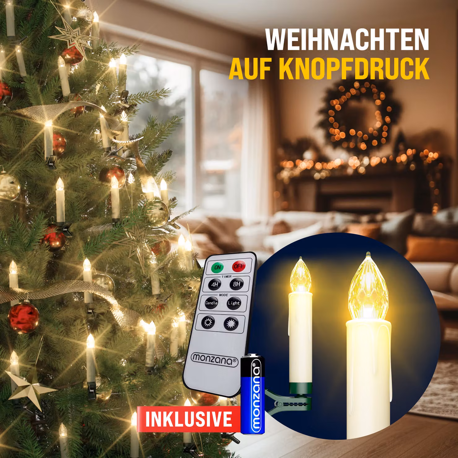 Candele a forma di candela per albero di Natale Monzana® con 30 LED bianco caldo, effetto flicker, timer e telecomando, incluse batterie – 2