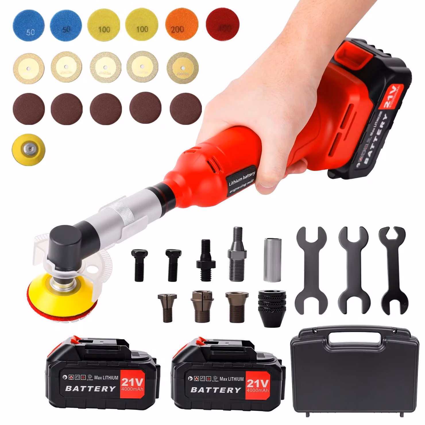 Smerigliatrice angolare a batteria da 600W - Mini smerigliatrice/lucidatrice - Controllo della velocità - Testina angolata a 90° - Ideale per incisione, lavorazione del legno, gioielli, pulizia di piastrelle - 2 batterie con caricabatterie EU