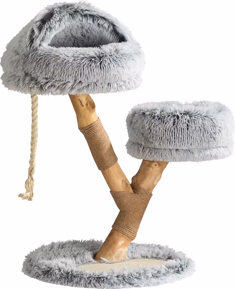 Fudajo tiragraffi design con grotta per gatti 80 cm, tiragraffi di design per gatti con peluche e legno di pero, albero per gatti in legno con tappetino tiragraffi
