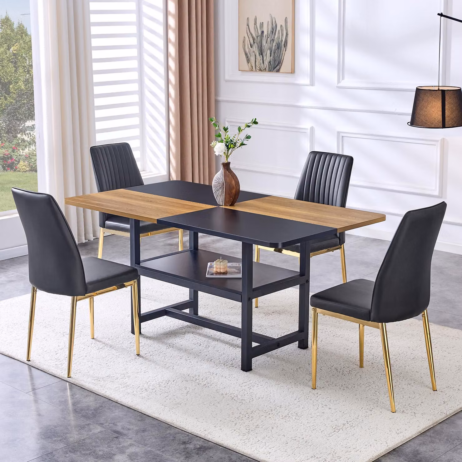 Set da pranzo STILVORA composto da un tavolo in vetro temperato del diametro di 85 cm, abbinato a un set di 4 sedie da pranzo nere in ecopelle di alta qualità, per sala da pranzo e cucina