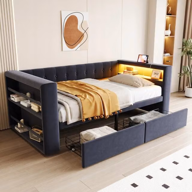 Letto imbottito 90x190 LED - Xylo - Grigio scuro, cassetti, presa