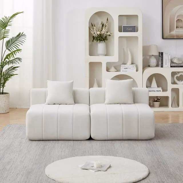 Divano modulare a L WISHDOR in tessuto beige e bianco con 2 cuscini decorativi per soggiorno o camera da letto