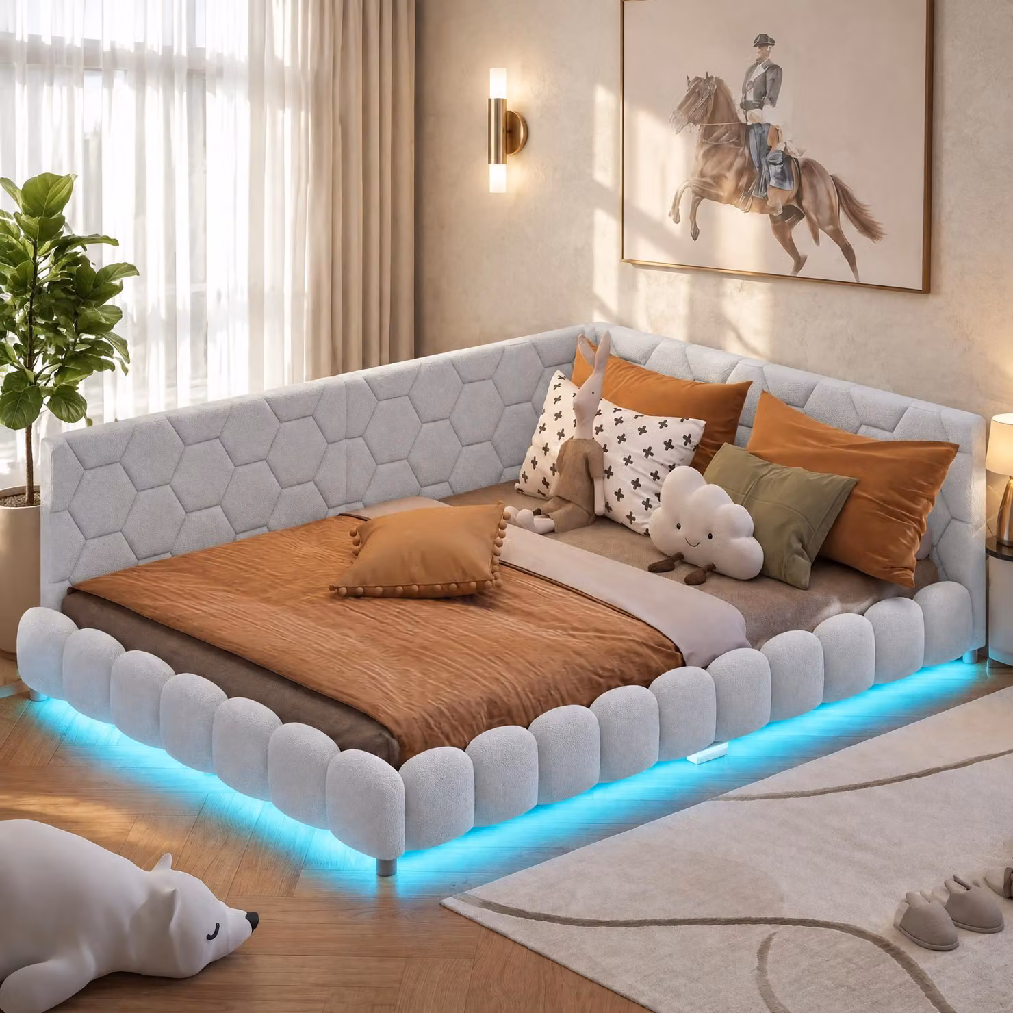 Letto imbottito INONEFT 140x200 cm con testiera LED e porta USB, divano letto multifunzione, struttura letto con rete a doghe, letto per ospiti, letto per ragazzi, letto matrimoniale, Lana