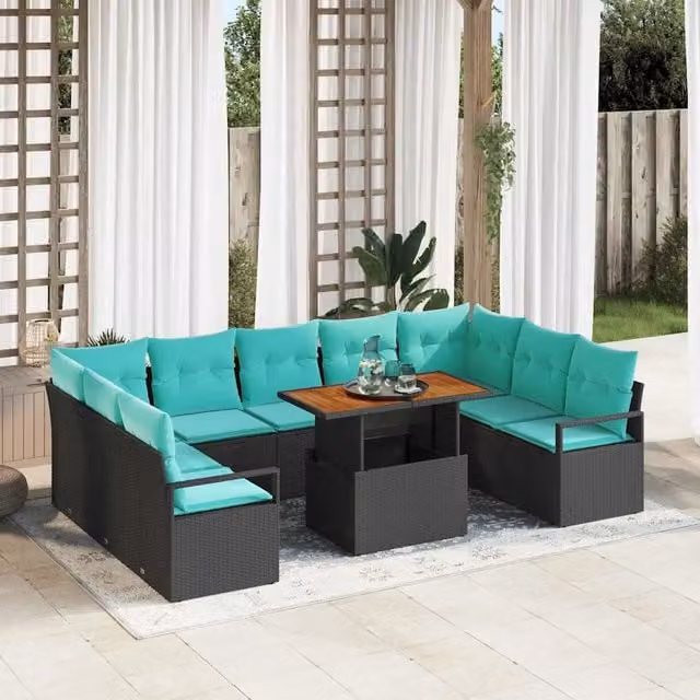 Set Divano da Giardino 10 pz 9-Numero di posti Nero e Teal 3349759