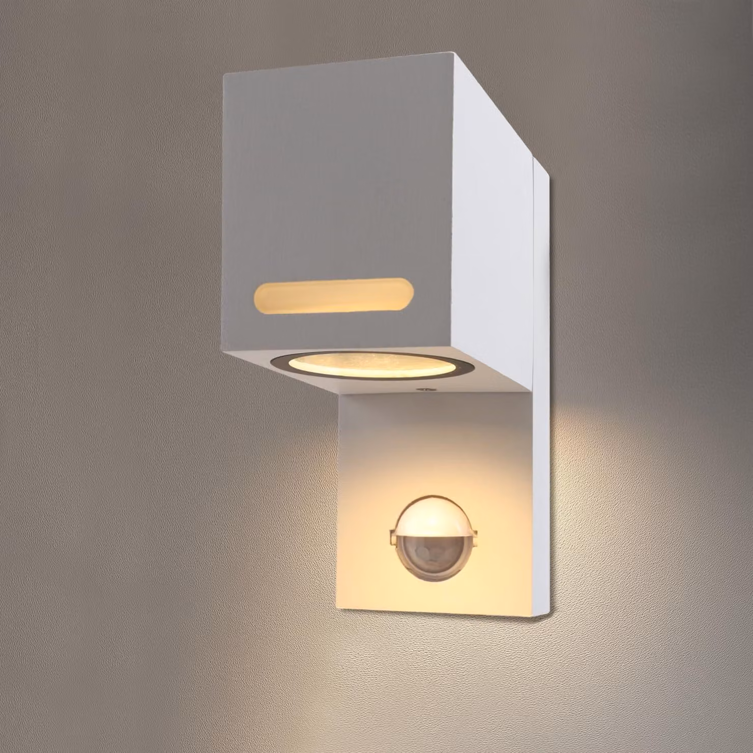 Lampada da parete con sensore di movimento, attacco GU10, grado di protezione IP44, 5W, 600 lumen, 3000K, colore bianco
