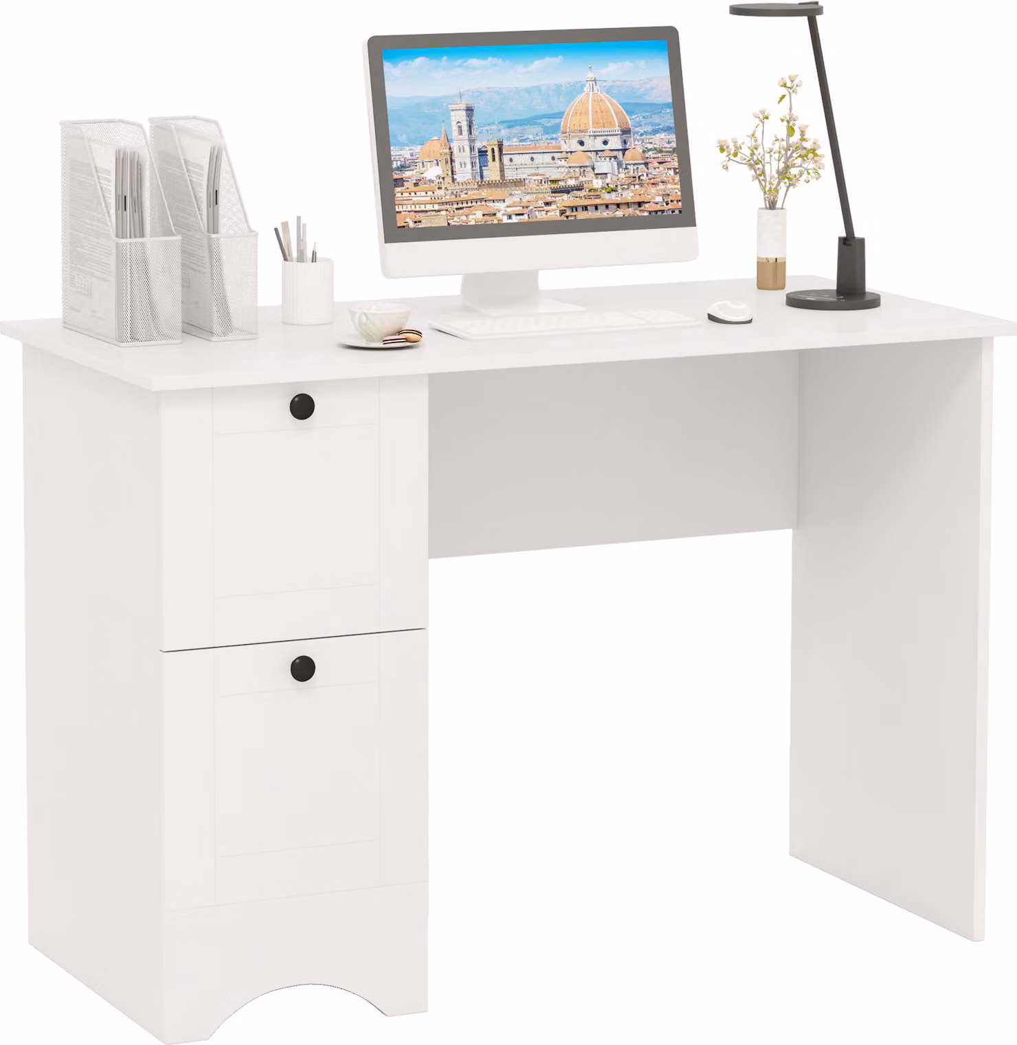 COSTWAY Scrivania con 2 cassetti, scrivania per computer piccola, scrivania per bambini, scrivania per ufficio, tavolo per PC moderno 109x50x75cm bianco