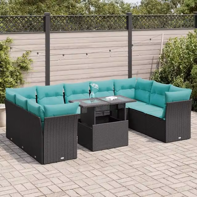 Set Divani da Giardino 10 pz con Cuscini Polyrattan Acacia Nero 3326218