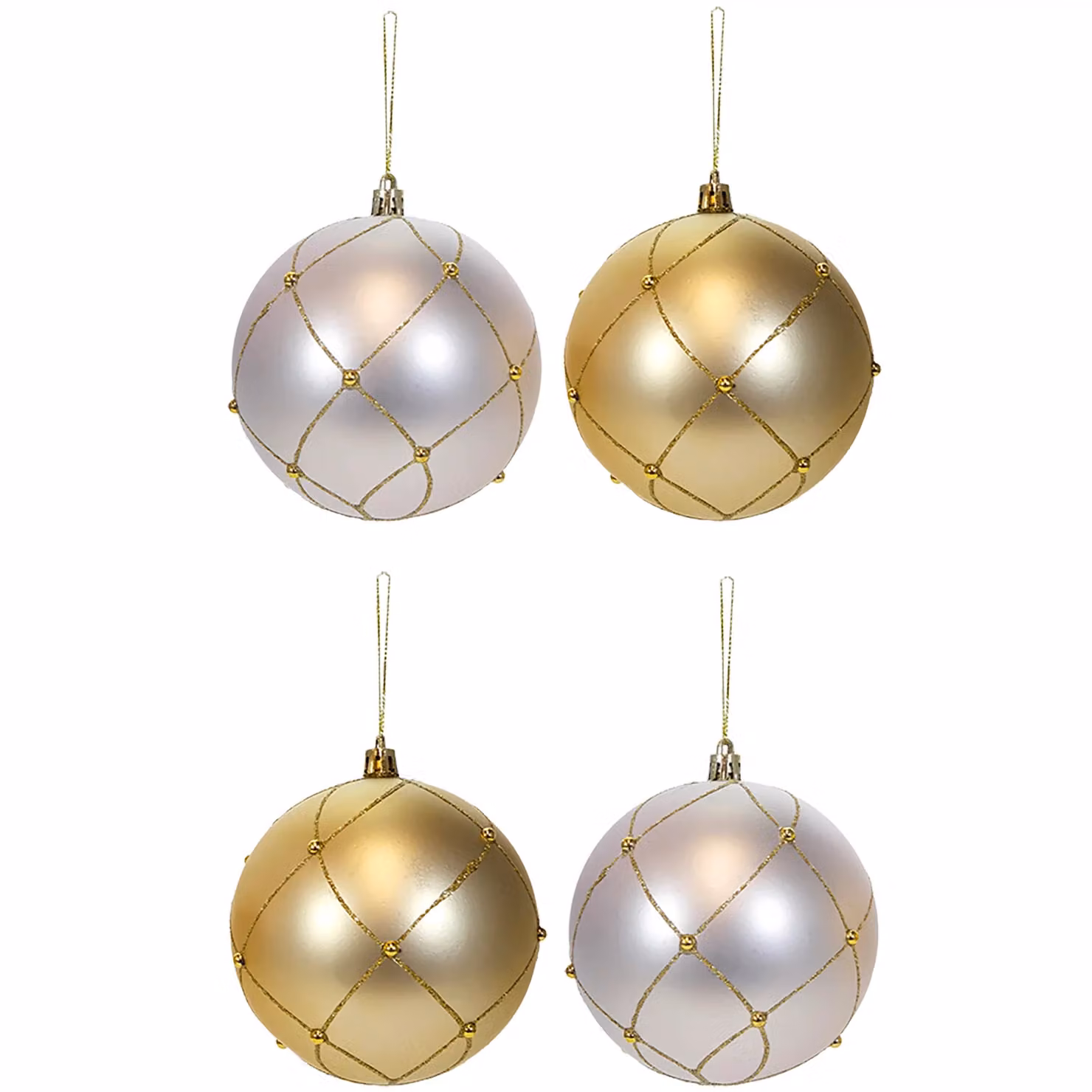Set di 4 palline di Natale Vestiamo Casa oro e bianco, decorazioni infrangibili in plastica, diametro: 10 cm – 1