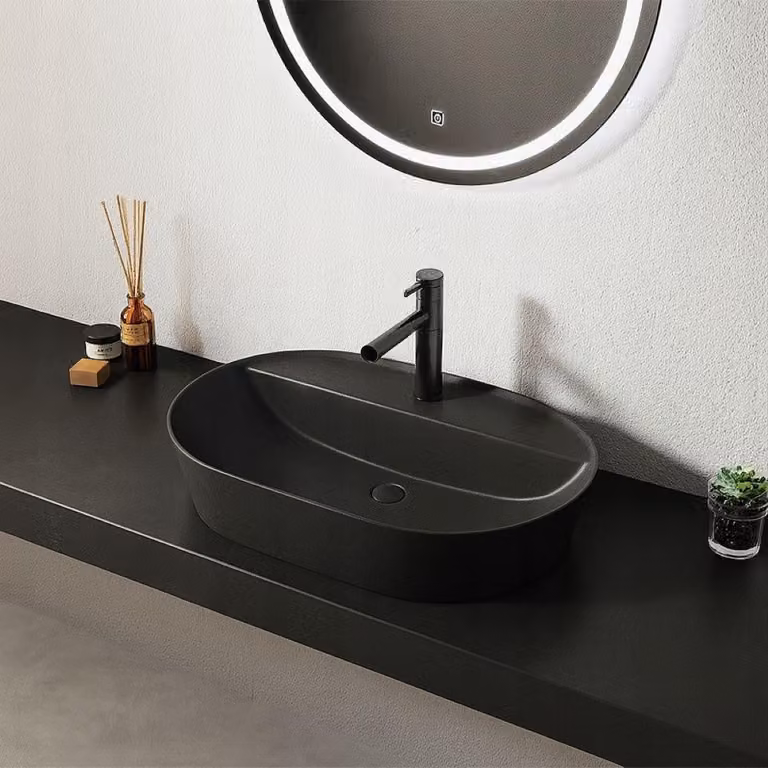 Lavabo da appoggio in Vetroceramica nero con foro da 60 cm