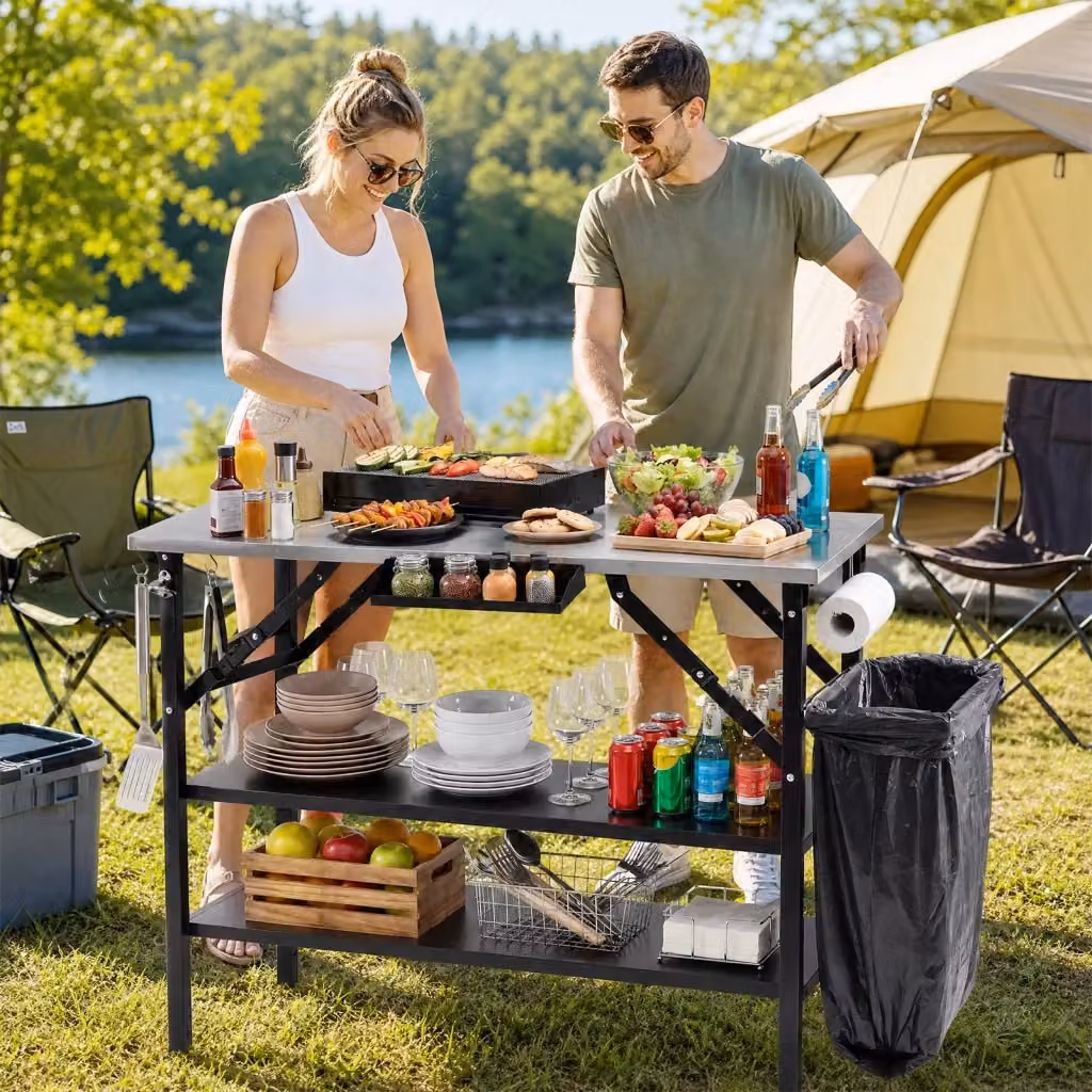 Tavolo da barbecue pieghevole in metallo con ripiano regolabile, tavolino da esterno moderno per picnic e campeggio in nero e argento – 2