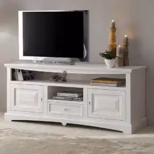 Mobile Porta tv Shabby chic in legno laccato bianco mod goccia con cassetto e ante bugnate