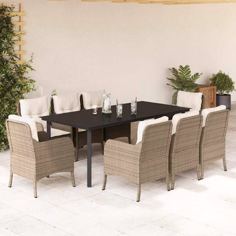 vidaXL Set da Pranzo da Giardino 9 pz in Polyrattan con Cuscini Beige e Tavolo in Vetro