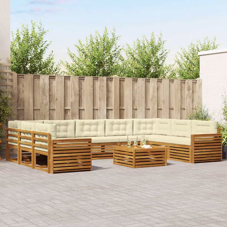 Set di divani da esterno vidaXL 10 pezzi a forma di U in legno di acacia con cuscini beige e bianco