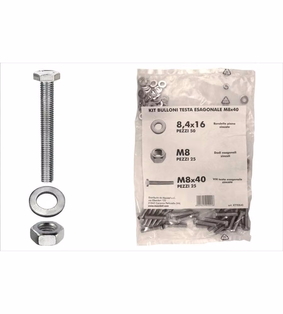 Kit viti testa esagonale M8 x 40 + dadi + rondelle - 100 pz.