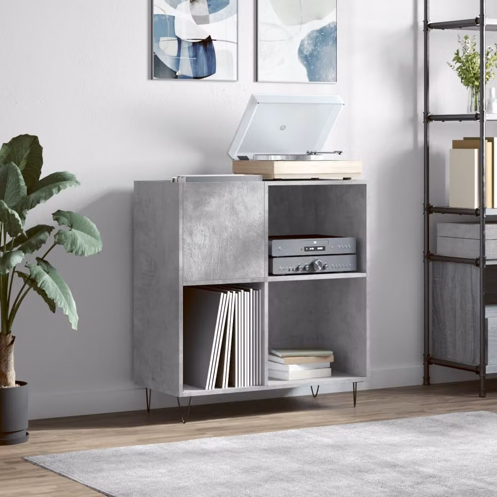 vidaXL Mobile Porta Dischi Grigio Cemento in Legno e Metallo L: 84,5 cm, P: 38 cm, H: 89 cm