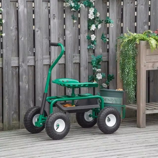 Carrello da giardino con sedile girevole 98x45x87 cm in metallo verde -