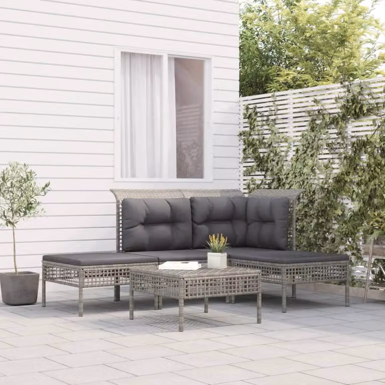 Set Divani da Giardino vidaXL 5 Pezzi a Forma di L in Polyrattan Grigio con Cuscini e Struttura in Metallo