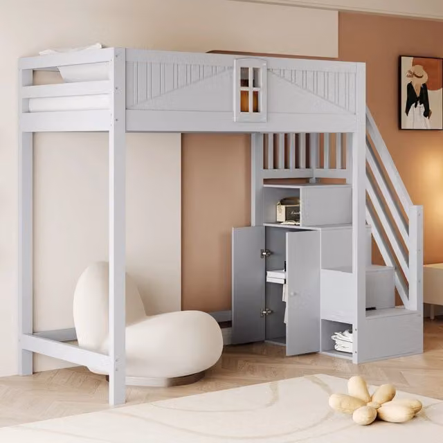 Letto a castello in legno massello 90 x 200 cm con porta di sicurezza, scala-mensola montabile a destra o sinistra, letto multifunzionale, Grigio