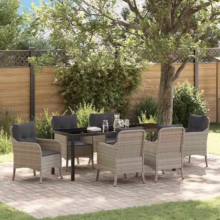 Set da pranzo per giardino e terrazza vidaXL in 7 pezzi in polyrattan e vetro grigio chiaro