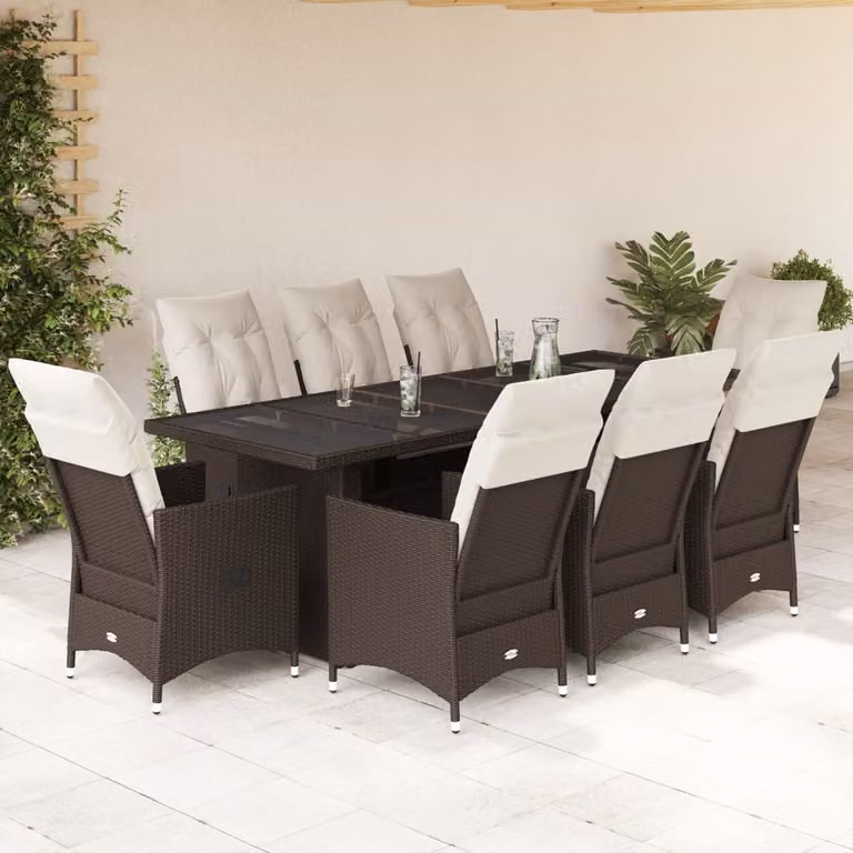 vidaXL Set Bistrò da Giardino 9 pz in Polyrattan Marrone con Cuscini Bianchi e Piano in Vetro